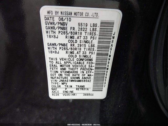 Продажа на аукционе авто 2010 Infiniti Fx35, vin: JN8AS1MW9AM856592, номер лота: 45222342