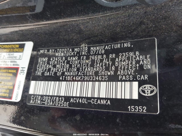 Продаж на аукціоні авто 2009 Toyota Camry Le, vin: 4T1BE46K79U334635, номер лоту: 45222343