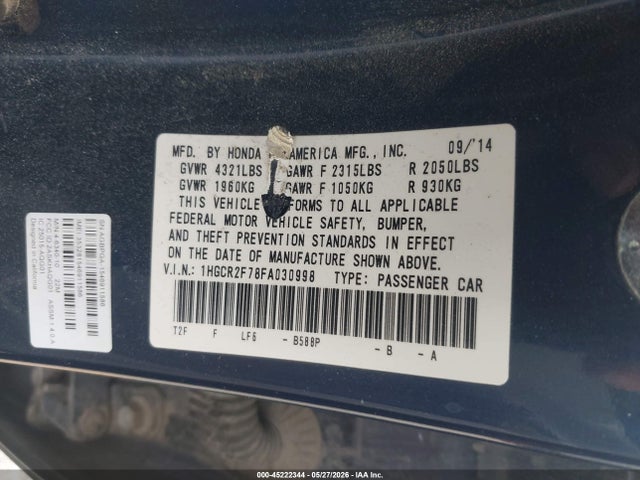 Honda ACCORD EX 2015 1HGCR2F78FA030998 Image 9