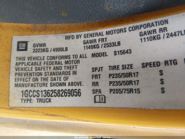 45222349 :رقم المزاد ، 1GCCS136258269056 vin ، 2005 Chevrolet Colorado Ls مزاد بيع