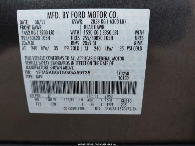 45222352 :رقم المزاد ، 1FM5K8GT5GGA59735 vin ، 2016 Ford Explorer Sport مزاد بيع