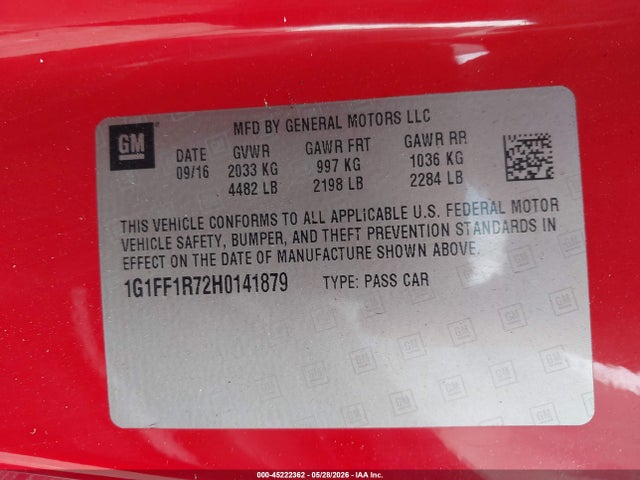 Aukcja sprzedaży 2017 Chevrolet Camaro 1ss, vin: 1G1FF1R72H0141879, numer aukcji: 45222362