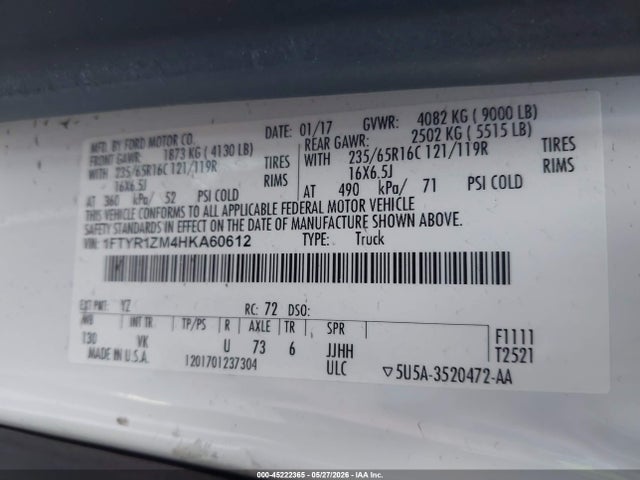 Aukcja sprzedaży 2017 Ford Transit-250, vin: 1FTYR1ZM4HKA60612, numer aukcji: 45222365