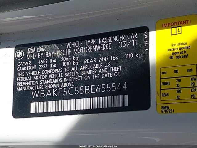 Aukcja sprzedaży 2011 Bmw 328i Xdrive, vin: WBAKF5C55BE655544, numer aukcji: 45222372