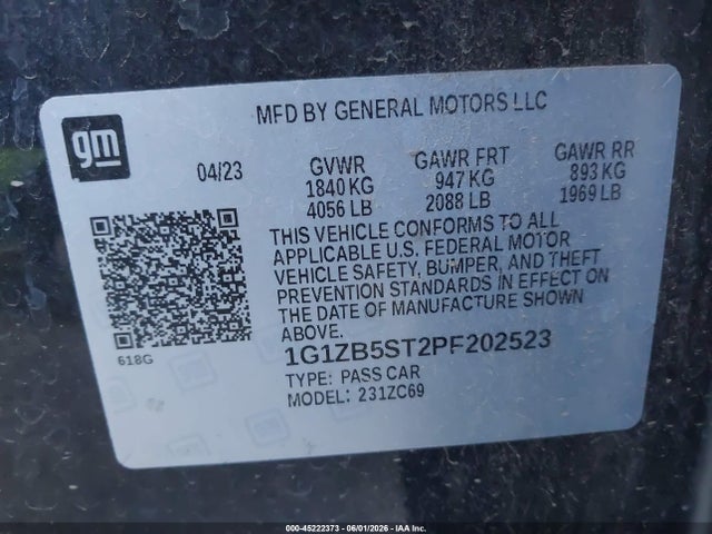 Aukcja sprzedaży 2023 Chevrolet Malibu Fwd Ls, vin: 1G1ZB5ST2PF202523, numer aukcji: 45222373