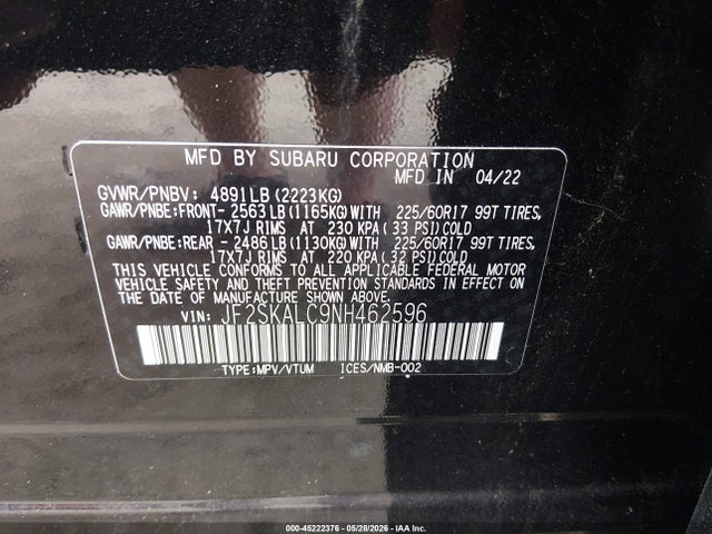 Aukcja sprzedaży 2022 Subaru Forester Wilderness, vin: JF2SKALC9NH462596, numer aukcji: 45222376