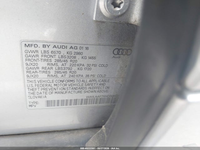 Aukcja sprzedaży 2017 Audi Q7 3.0t Premium, vin: WA1LAAF7XHD006424, numer aukcji: 45222381