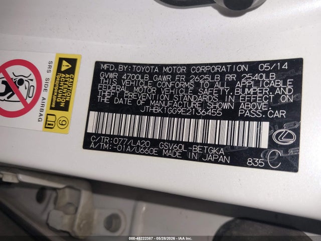 45222387 :رقم المزاد ، JTHBK1GG9E2136455 vin ، 2014 Lexus Es 350 مزاد بيع