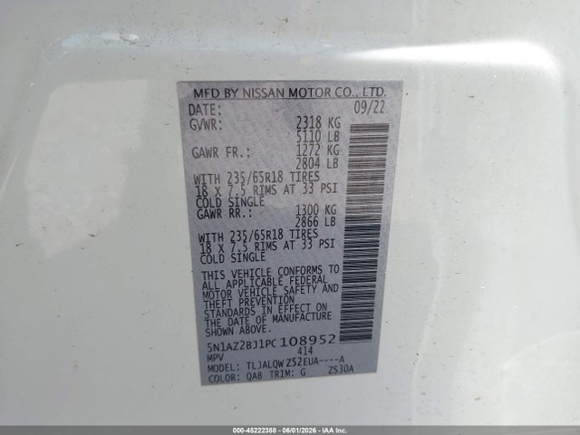 5N1AZ2BJ1PC108952 Nissan Murano Sv Fwd