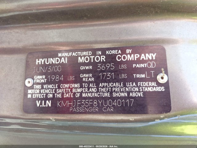 2000 Hyundai Elantra Gls მანქანა იყიდება აუქციონზე, vin: KMHJF35F8YU040117, აუქციონის ნომერი: 45222411