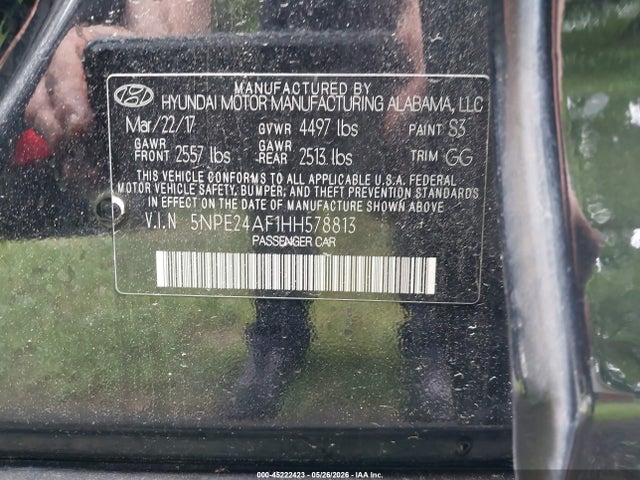 2017 Hyundai Sonata მანქანა იყიდება აუქციონზე, vin: 5NPE24AF1HH578813, აუქციონის ნომერი: 45222423