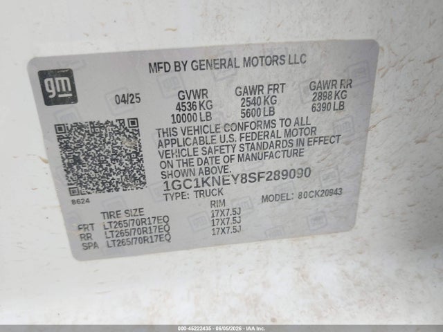 45222435 :رقم المزاد ، 1GC1KNEY8SF289090 vin ، 2025 Chevrolet Silverado 2500hd مزاد بيع