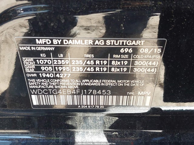 Aukcja sprzedaży 2015 Mercedes-benz Gla 250, vin: WDCTG4EB4FJ178453, numer aukcji: 45222436