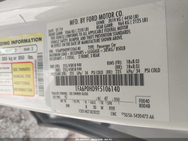 Aukcja sprzedaży 2015 Ford Fusion Se, vin: 1FA6P0HD9F5106140, numer aukcji: 45222437