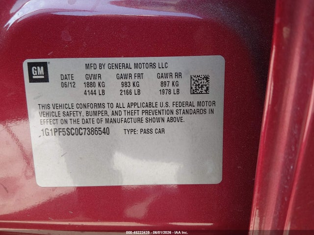 45222439 :رقم المزاد ، 1G1PF5SC0C7386540 vin ، 2012 Chevrolet Cruze 1lt مزاد بيع