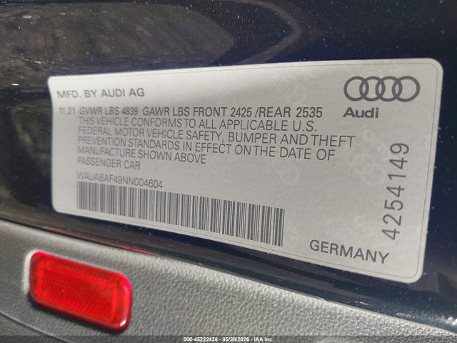 Продажа на аукционе авто 2022 Audi A4 Premium 40 Tfsi Quattro S Tronic, vin: WAUABAF49NN004604, номер лота: 45222438