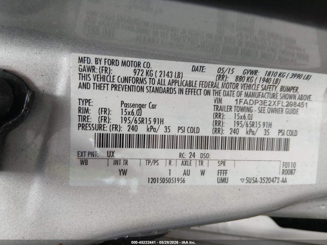 Продажа на аукционе авто 2015 Ford Focus S, vin: 1FADP3E2XFL298451, номер лота: 45222441