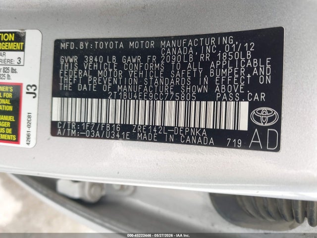 Aukcja sprzedaży 2012 Toyota Corolla Le, vin: 2T1BU4EE9CC775805, numer aukcji: 45222446
