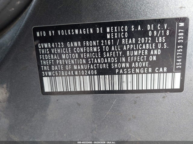 Продажа на аукционе авто 2019 Volkswagen Jetta 1.4t R-line/1.4t S/1.4t Se, vin: 3VWC57BU4KM102406, номер лота: 45222450
