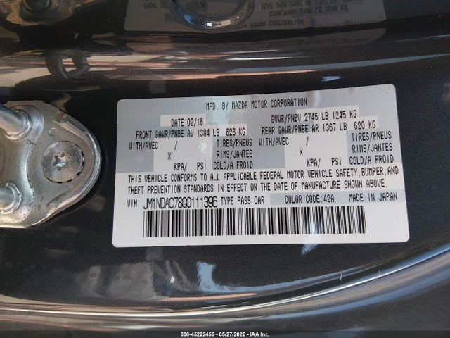 Aukcja sprzedaży 2016 Mazda Mx-5 Miata Club, vin: JM1NDAC78G0111396, numer aukcji: 45222456