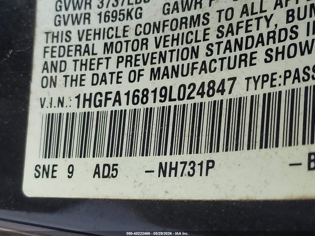 Продаж на аукціоні авто 2009 Honda Civic Ex, vin: 1HGFA16819L024847, номер лоту: 45222466