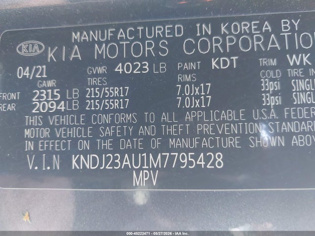 2021 Kia Soul S მანქანა იყიდება აუქციონზე, vin: KNDJ23AU1M7795428, აუქციონის ნომერი: 45222471