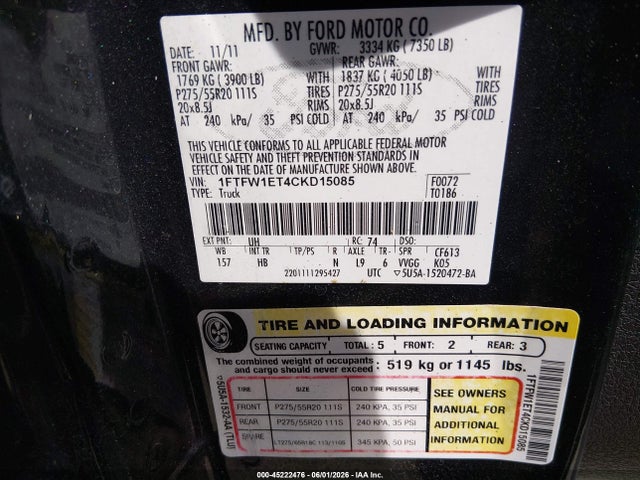 Продаж на аукціоні авто 2012 Ford F-150 Lariat, vin: 1FTFW1ET4CKD15085, номер лоту: 45222476