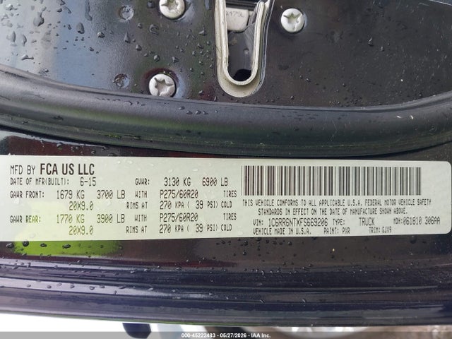 2015 Ram 1500 Laramie მანქანა იყიდება აუქციონზე, vin: 1C6RR6NTXFS669206, აუქციონის ნომერი: 45222483