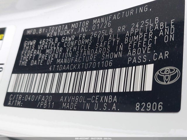 Aukcja sprzedaży 2026 Toyota Camry Le, vin: 4T1DAACKXTU701106, numer aukcji: 45222487
