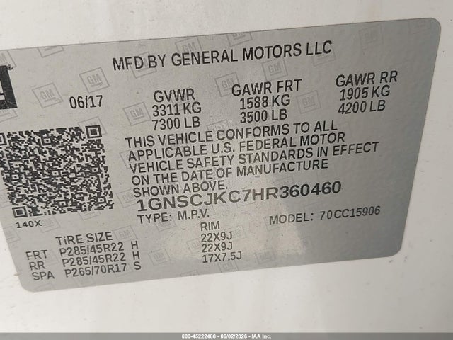 1GNSCJKC7HR360460 Chevrolet Suburban Premier
