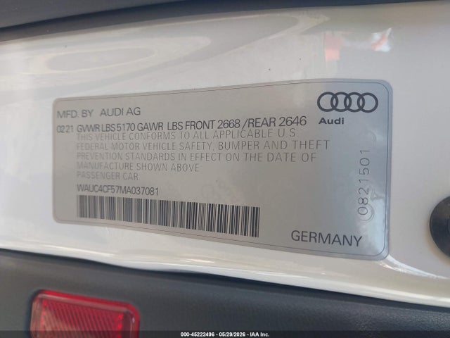 45222496 :رقم المزاد ، WAUC4CF57MA037081 vin ، 2021 Audi S5 Sportback Premium Plus Tfsi Quattro Tiptronic مزاد بيع