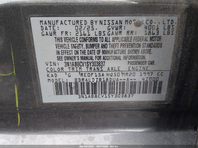45222507 :رقم المزاد ، 3N1AB8CV1SY303837 vin ، 2025 Nissan Sentra Sv مزاد بيع