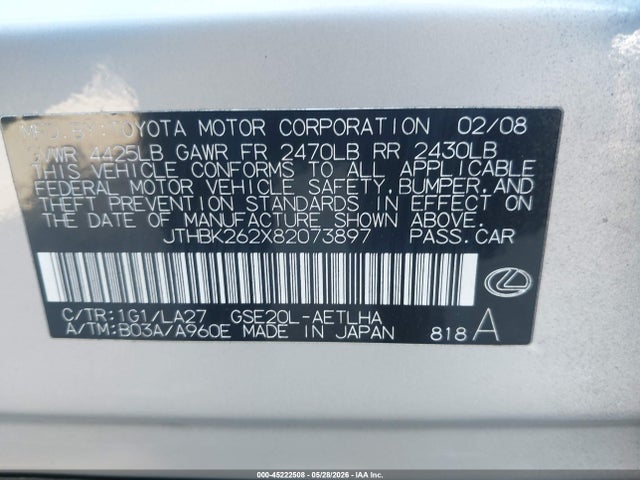 Aukcja sprzedaży 2008 Lexus Is 250, vin: JTHBK262X82073897, numer aukcji: 45222508