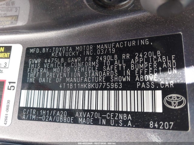 Aukcja sprzedaży 2019 Toyota Camry Le, vin: 4T1B11HK8KU775963, numer aukcji: 45222509