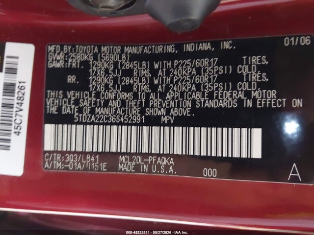 Aukcja sprzedaży 2006 Toyota Sienna Xle, vin: 5TDZA22C36S452991, numer aukcji: 45222511