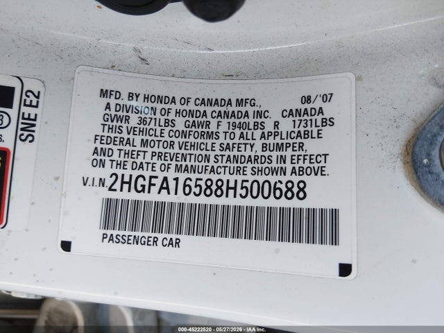 Aukcja sprzedaży 2008 Honda Civic Lx, vin: 2HGFA16588H500688, numer aukcji: 45222520