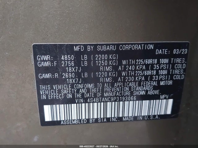 45222527 :رقم المزاد ، 4S4BTANC9P3193066 vin ، 2023 Subaru Outback Limited مزاد بيع