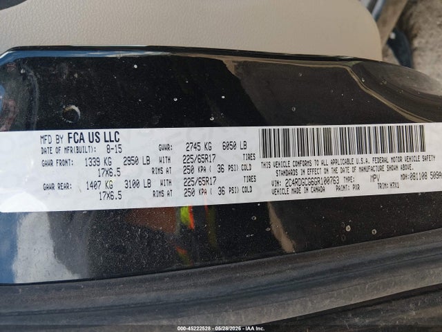 Aukcja sprzedaży 2016 Dodge Grand Caravan Sxt, vin: 2C4RDGCG6GR100763, numer aukcji: 45222528
