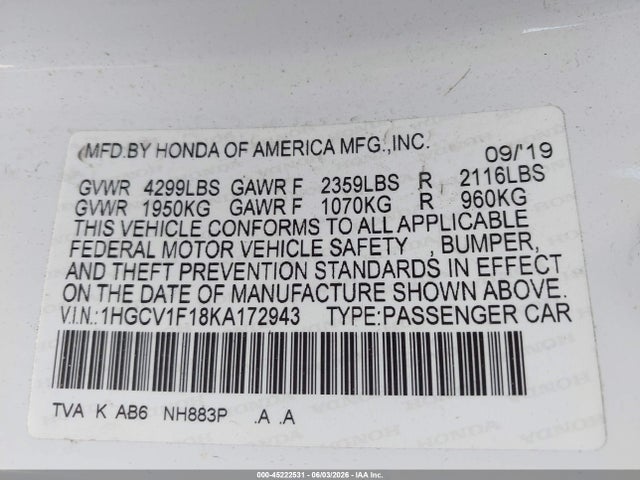 Honda ACCORD LX 2019 1HGCV1F18KA172943 Image 9