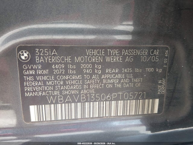 Auction sale of the 2006 Bmw 325i, vin: WBAVB13506PT05721, lot number: 45222539