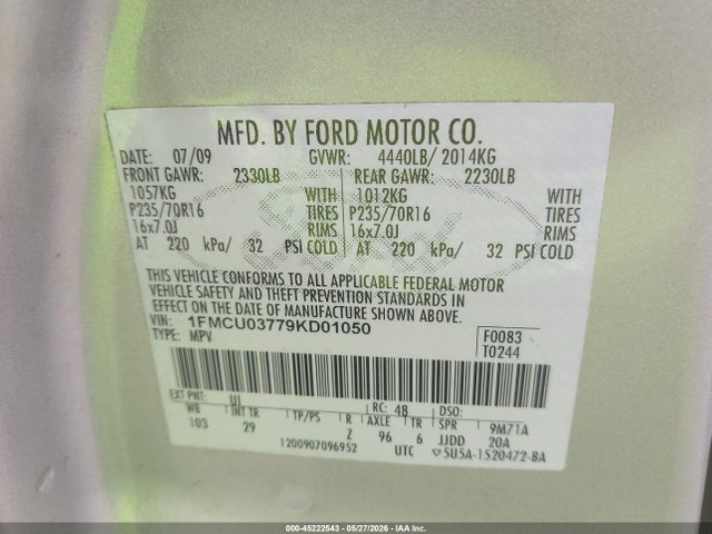 Aukcja sprzedaży 2009 Ford Escape Xlt, vin: 1FMCU03779KD01050, numer aukcji: 45222543