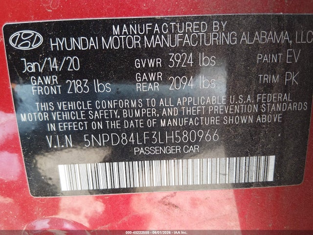 45222555 :رقم المزاد ، 5NPD84LF3LH580966 vin ، 2020 Hyundai Elantra Sel مزاد بيع