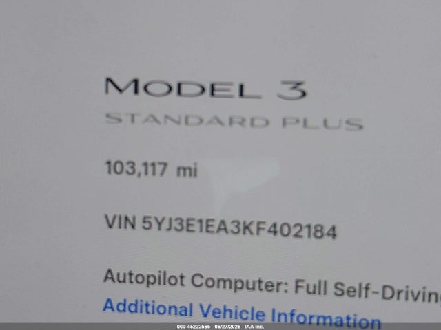Aukcja sprzedaży 2019 Tesla Model 3 Long Range/mid Range/standard Range/standard Range Plus, vin: 5YJ3E1EA3KF402184, numer aukcji: 45222565