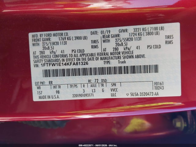 45222571 :رقم المزاد ، 1FTFW1E14KFA81326 vin ، 2019 Ford F-150 Platinum مزاد بيع