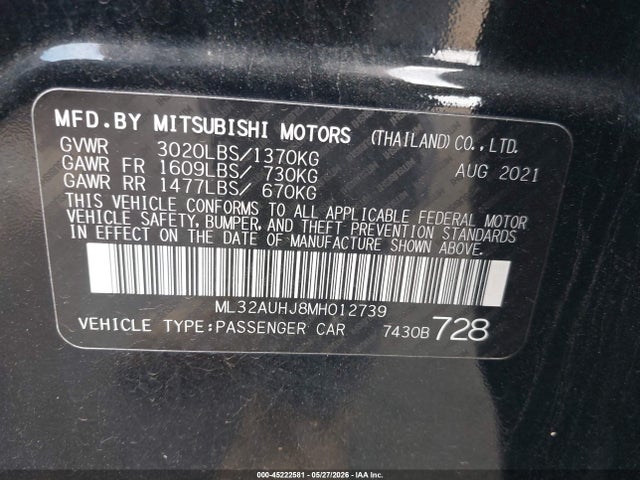 2021 Mitsubishi Mirage Carbonite Edition/es/le მანქანა იყიდება აუქციონზე, vin: ML32AUHJ8MH012739, აუქციონის ნომერი: 45222581