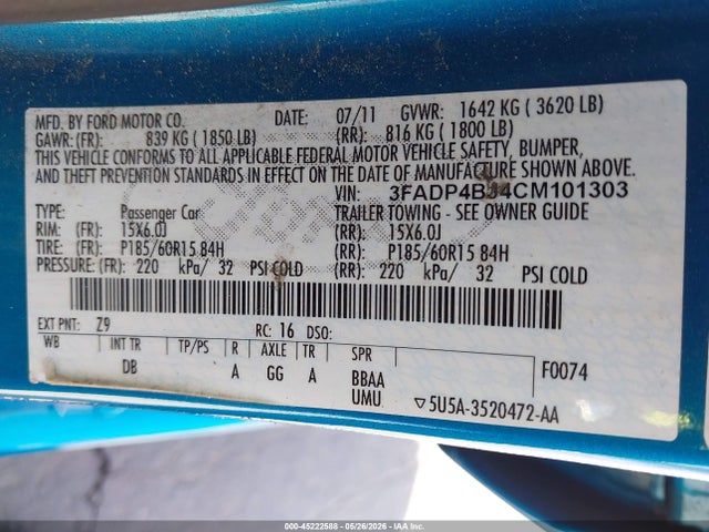 Aukcja sprzedaży 2012 Ford Fiesta Se, vin: 3FADP4BJ4CM101303, numer aukcji: 45222588