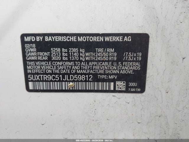 Aukcja sprzedaży 2018 Bmw X3 Xdrive30i, vin: 5UXTR9C51JLD59812, numer aukcji: 45222593
