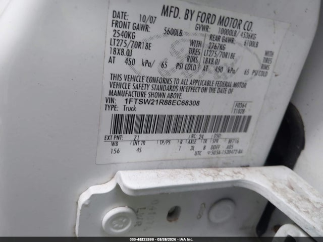 Продажа на аукционе авто 2008 Ford F-250 Lariat, vin: 1FTSW21R88EC68308, номер лота: 45222598