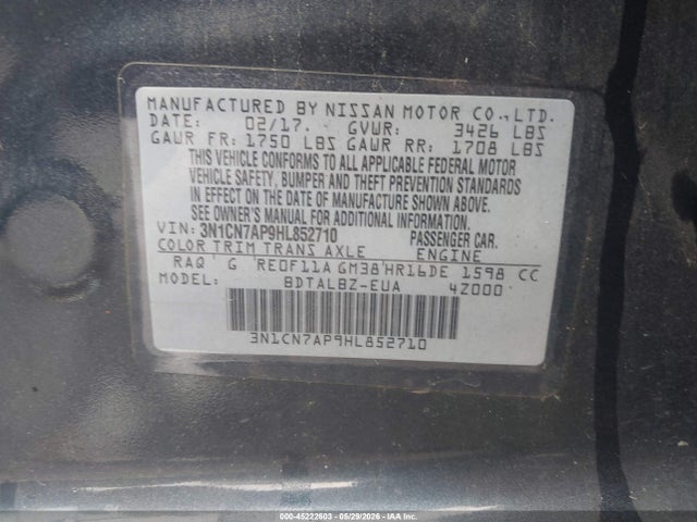 Продажа на аукционе авто 2017 Nissan Versa 1.6 Sv, vin: 3N1CN7AP9HL852710, номер лота: 45222603