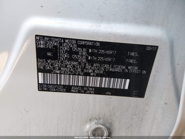 Продаж на аукціоні авто 2017 Toyota Rav4 Xle, vin: JTMWFREV3HJ714194, номер лоту: 45222606